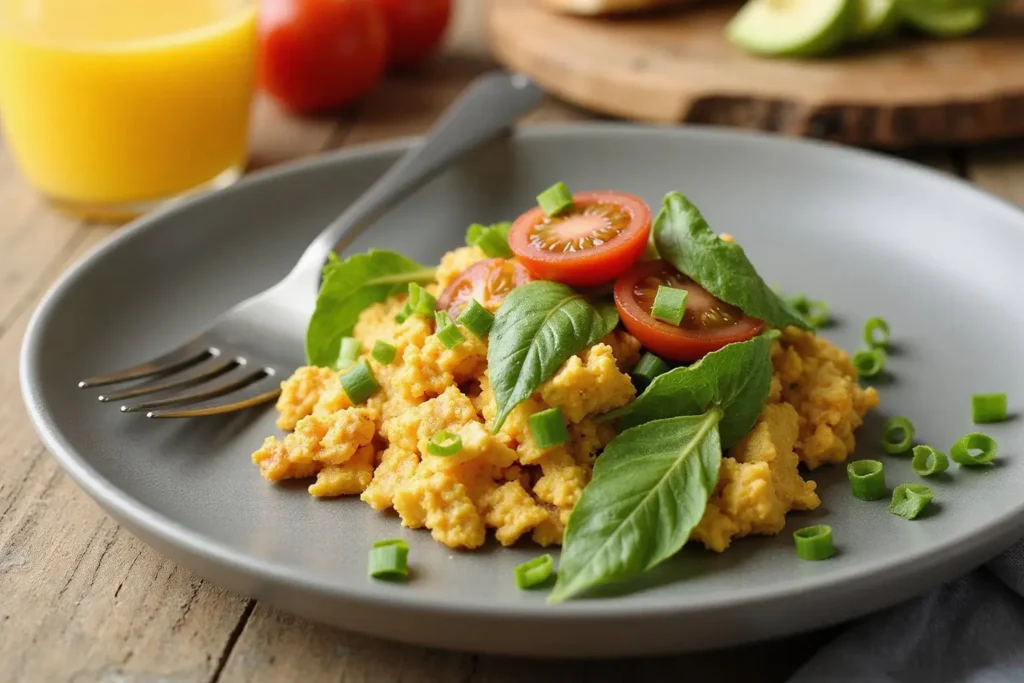 A plate of vegan tofu scramble topped with fresh basil leaves, halved cherry tomatoes, and chopped green onions, served on a matte gray plate with a fork. In the background, there’s a glass of orange juice, whole cherry tomatoes, and sliced avocado on a wooden cutting board, all set on a rustic wooden table.