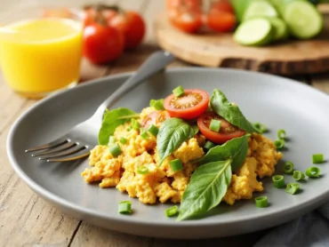 A plate of vegan tofu scramble topped with fresh basil leaves, halved cherry tomatoes, and chopped green onions, served on a matte gray plate with a fork. In the background, there’s a glass of orange juice, whole cherry tomatoes, and sliced avocado on a wooden cutting board, all set on a rustic wooden table.