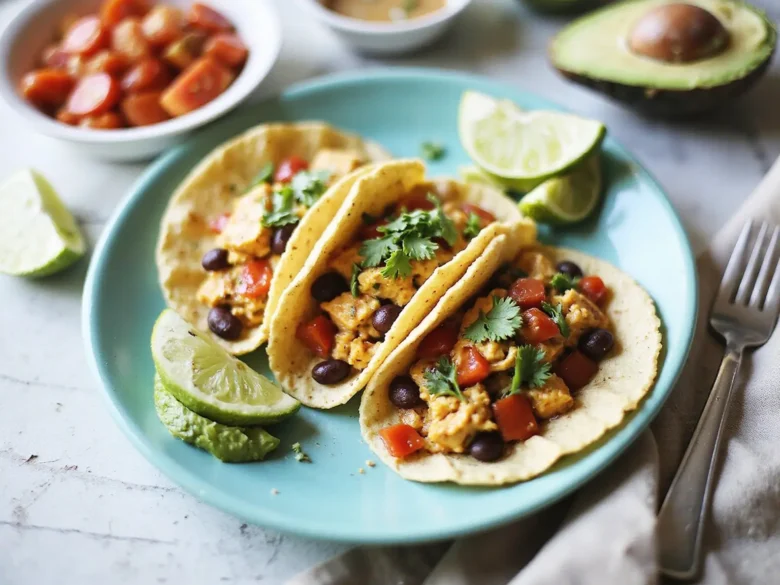 Three vegan tofu tacos filled with black beans, tomatoes, and cilantro on a blue plate, served with lime wedges and avocado.