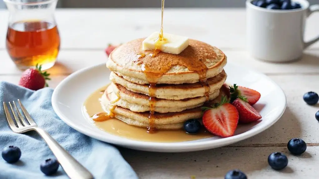 Stack of fluffy vegan pancakes topped with plant-based butter and maple syrup, served with fresh strawberries and blueberries on a white plate.