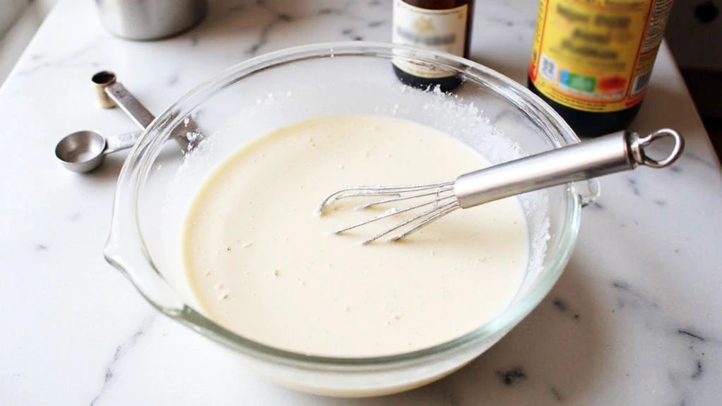 Whisking smooth vegan pancake batter in a glass bowl with vanilla and apple cider vinegar on a marble countertop.