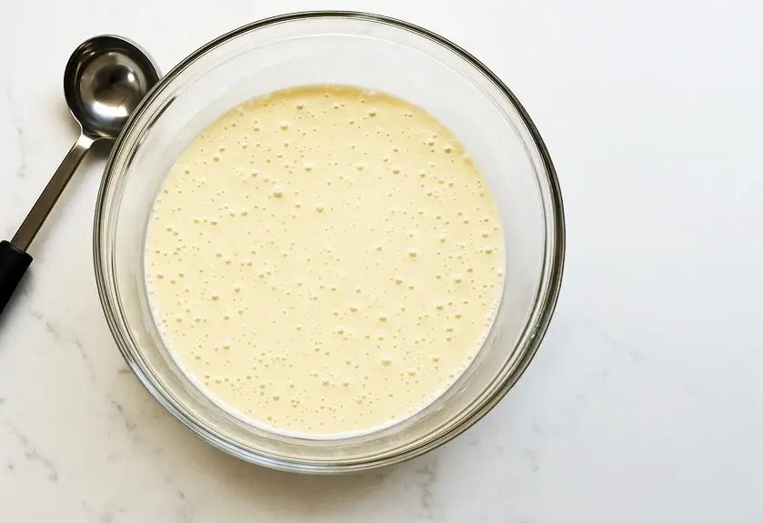 Smooth and bubbly vegan pancake batter in a glass bowl on a white marble surface, ready for cooking.
