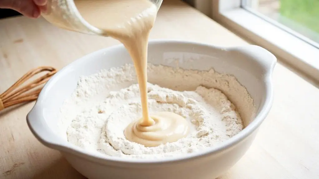 Pouring vegan pancake batter into a bowl of flour to prepare the dry and wet ingredients mixture for plant-based pancakes.