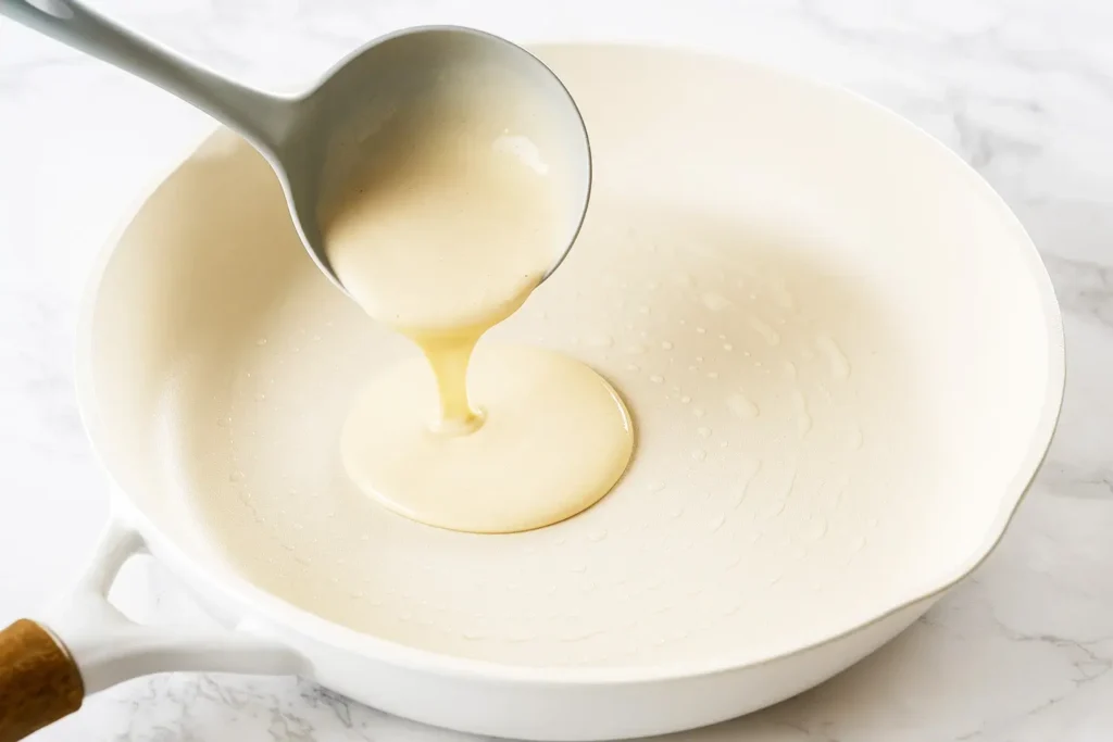 Pouring vegan pancake batter from a ladle into a preheated non-stick pan on a marble countertop.