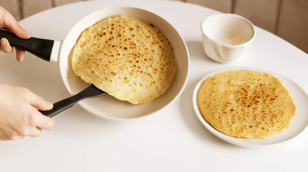 Flipping a golden-brown vegan pancake in a non-stick pan, with a cooked pancake resting on a white plate beside it.