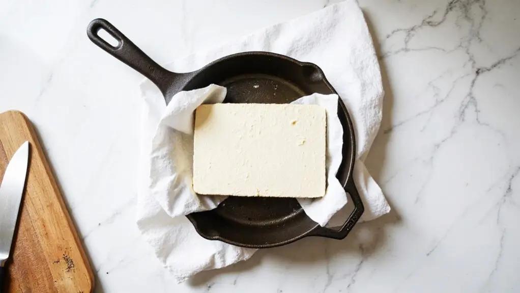 Block of tofu wrapped in paper towel and pressed in a cast iron skillet on a marble countertop, ready for a vegan tofu scramble.