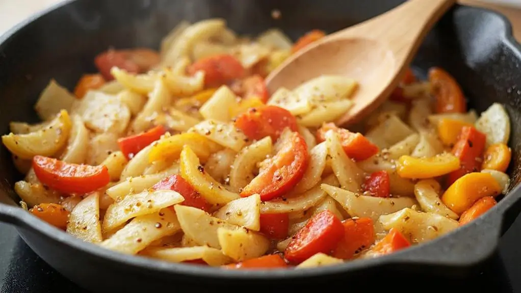 Sautéed colorful bell peppers and onions in a cast iron skillet, seasoned and stirred with a wooden spoon for a vegan breakfast hash or tofu scramble.