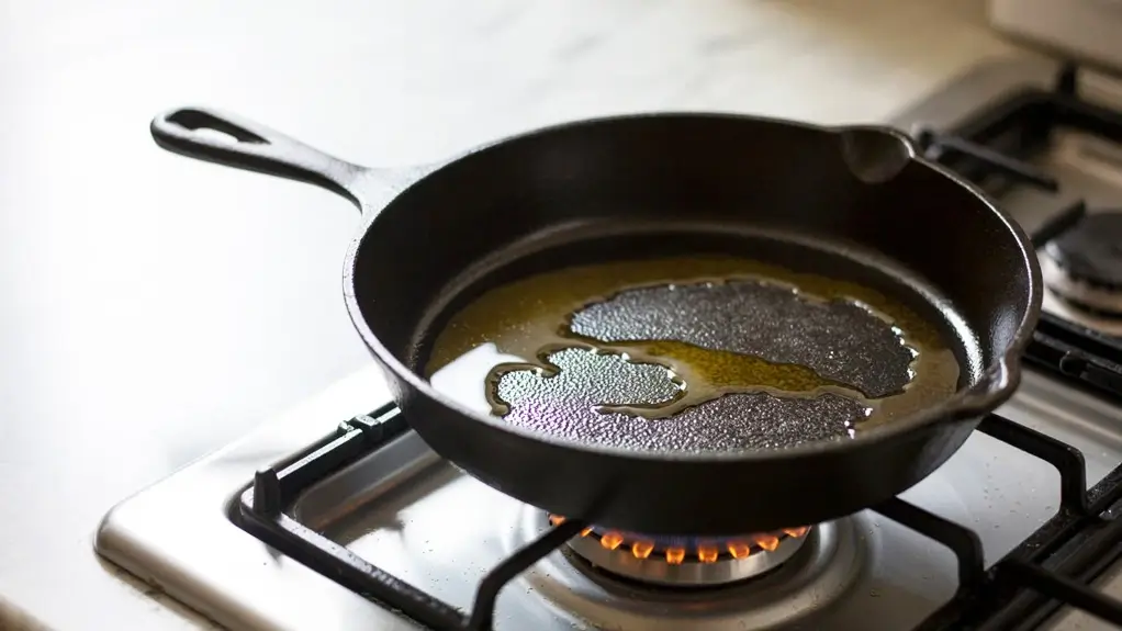 Heating olive oil in a cast iron skillet on a gas stove, prepping the pan for vegan tofu scramble or sautéed vegetables.
