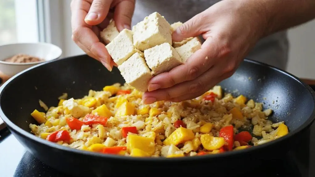 Adding cubed tofu to a skillet of sautéed bell peppers and onions for a hearty vegan tofu scramble.