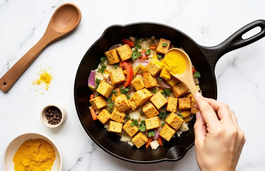 Sprinkling turmeric over tofu cubes, bell peppers, onions, and herbs in a cast iron skillet to season a vegan tofu scramble.