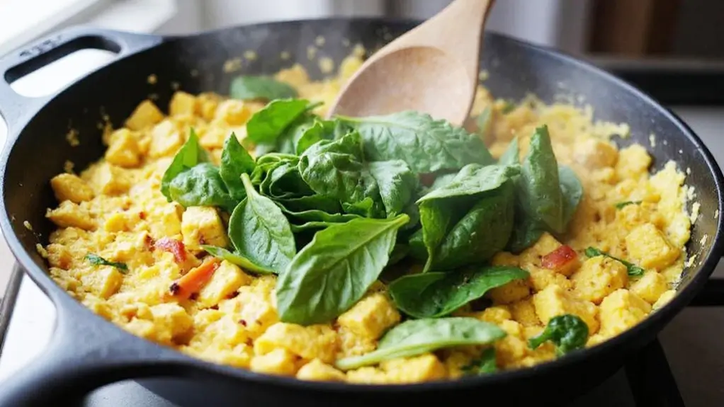 Adding fresh spinach to a skillet of cooked tofu scramble with turmeric, bell peppers, and onions for a healthy vegan breakfast.