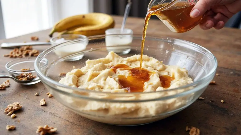 Maple syrup being poured into a mixing bowl with mashed bananas for vegan banana bread preparation.