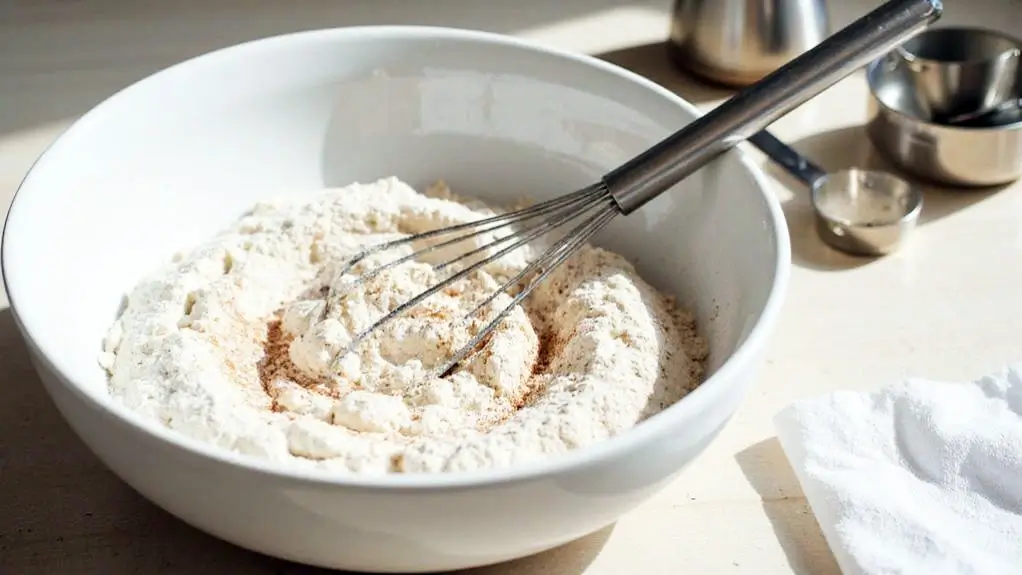 Dry ingredients including flour and cinnamon being whisked together in a white mixing bowl.