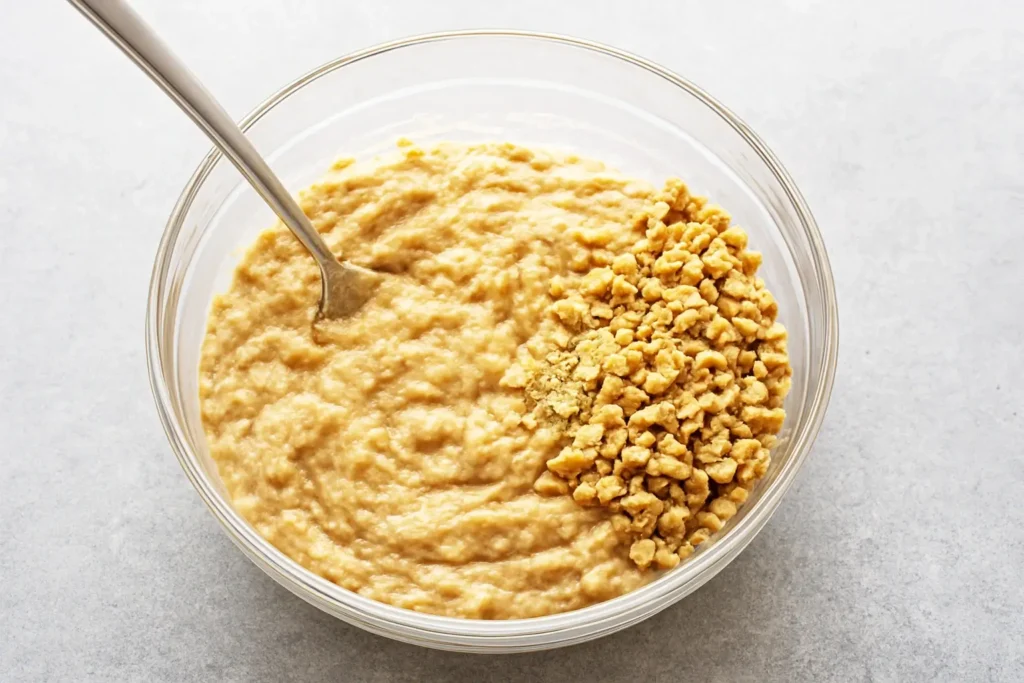 Glass bowl filled with banana bread batter and chopped walnuts, ready to be stirred in.