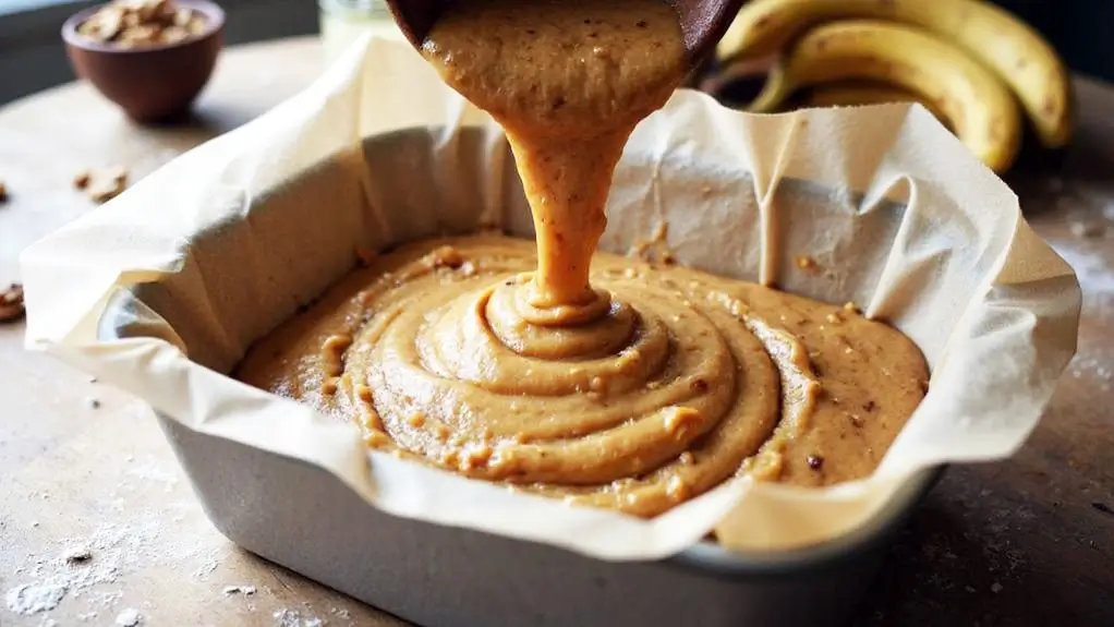 Vegan banana bread batter being poured into a parchment-lined loaf pan on a wooden surface.