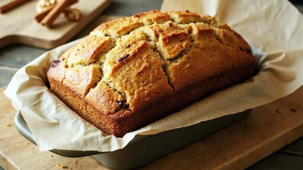 Freshly baked vegan banana bread in a loaf pan with golden crust and cracked top, resting on a wooden board.