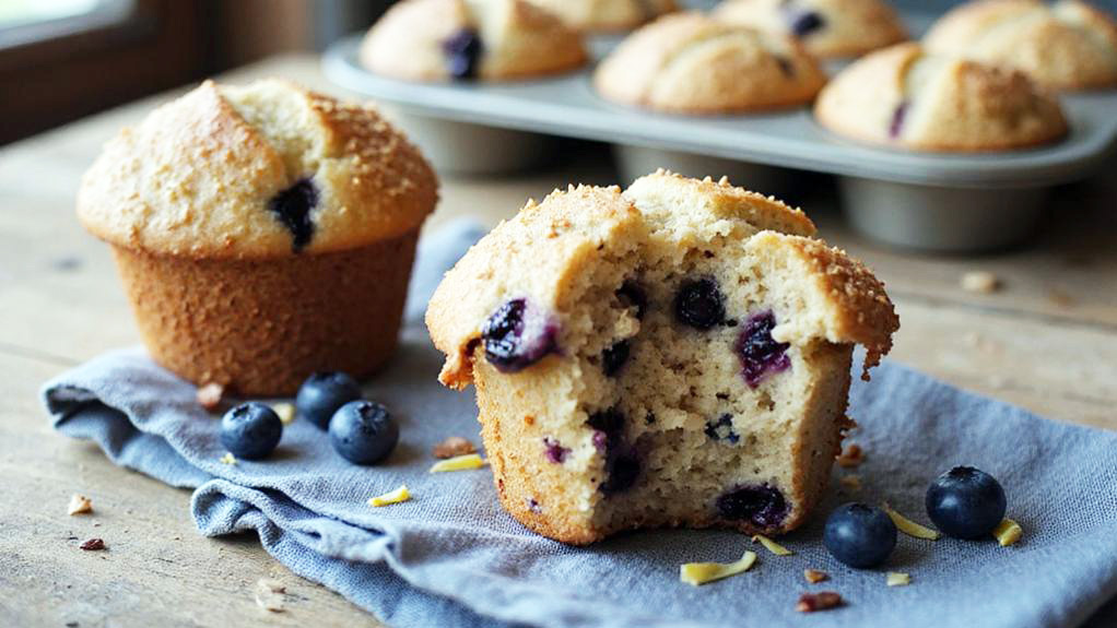 Close-up of sliced vegan blueberry muffin on a napkin, showing soft crumb and juicy blueberries, with more muffins in the background