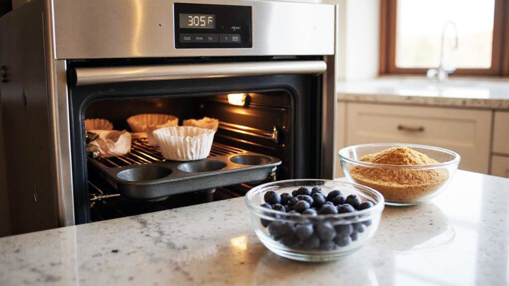 Muffin tray with paper liners inside a preheated oven set to 305°F, with bowls of blueberries and brown sugar on a marble countertop