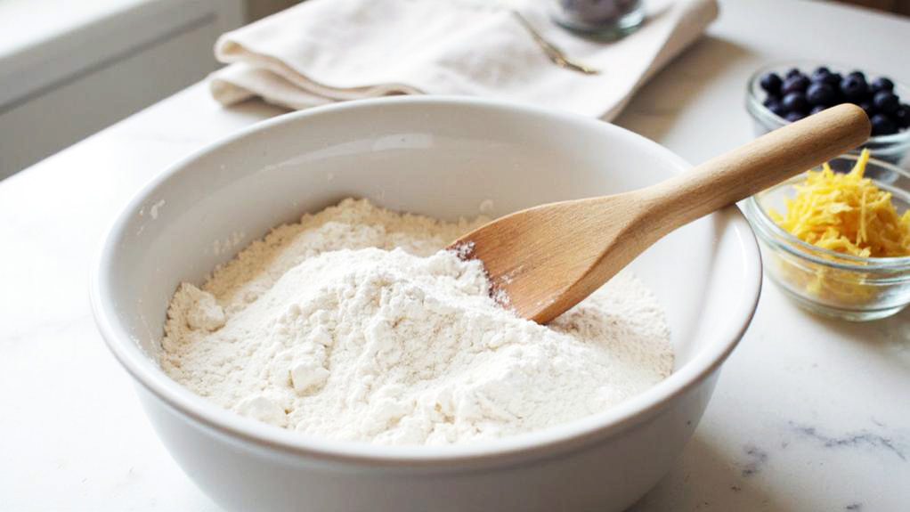 Large bowl of flour mixture with a wooden spoon, surrounded by small bowls of fresh blueberries and lemon zest