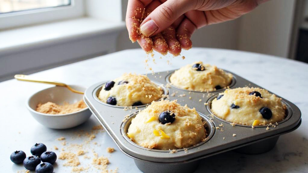 Hand sprinkling brown sugar topping over unbaked vegan blueberry muffins in a six-cup muffin pan