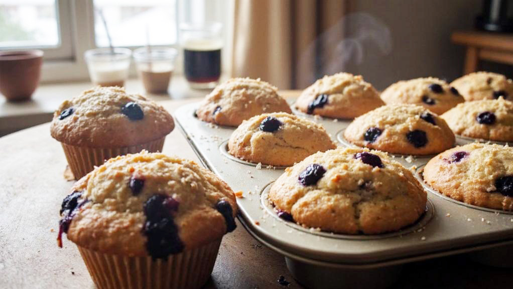 Freshly baked vegan blueberry muffins in a muffin tin with golden tops and visible blueberries, with coffee in the background