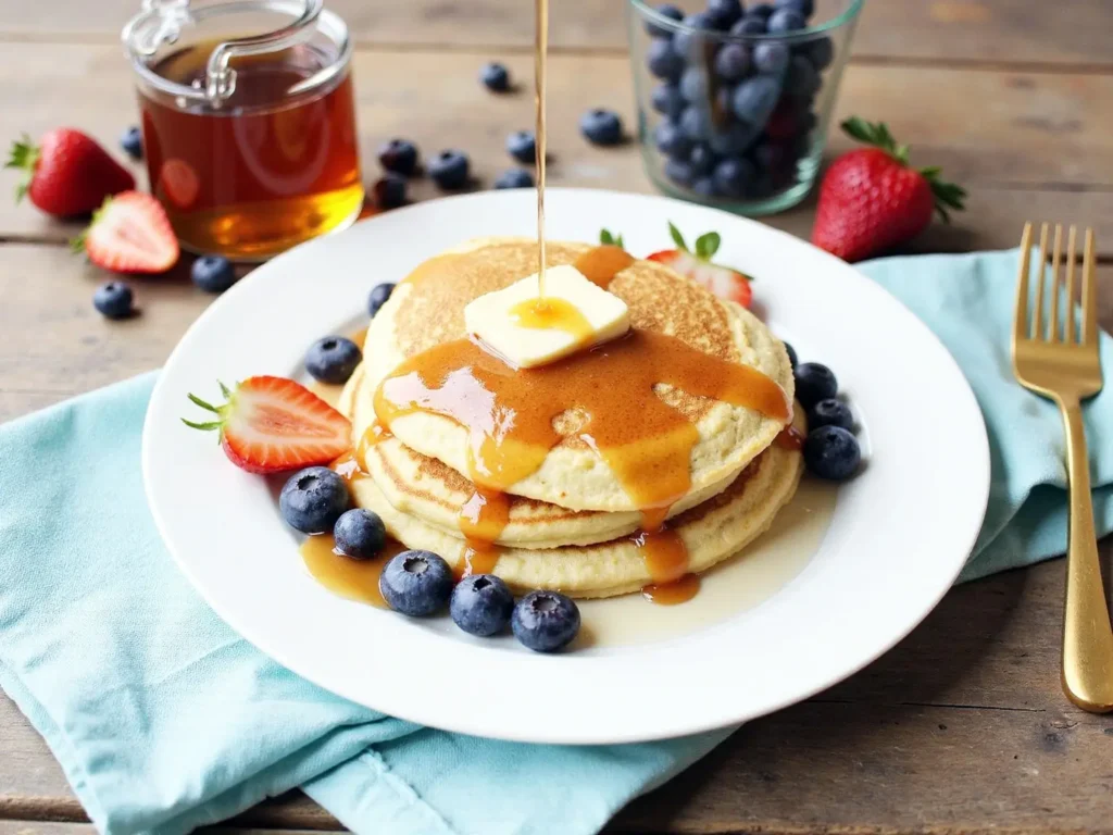 Stack of fluffy vegan pancakes topped with plant-based butter and maple syrup, served with fresh strawberries and blueberries on a white plate.