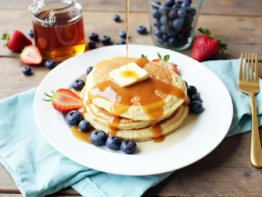 Stack of fluffy vegan pancakes topped with plant-based butter and maple syrup, served with fresh strawberries and blueberries on a white plate.