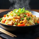 Steaming bowl of vegan fried rice with crispy tofu cubes, green peas, carrots, corn, and green onions, served in a black bowl with chopsticks on the side.