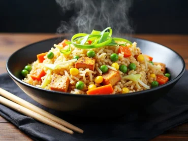 Steaming bowl of vegan fried rice with crispy tofu cubes, green peas, carrots, corn, and green onions, served in a black bowl with chopsticks on the side.