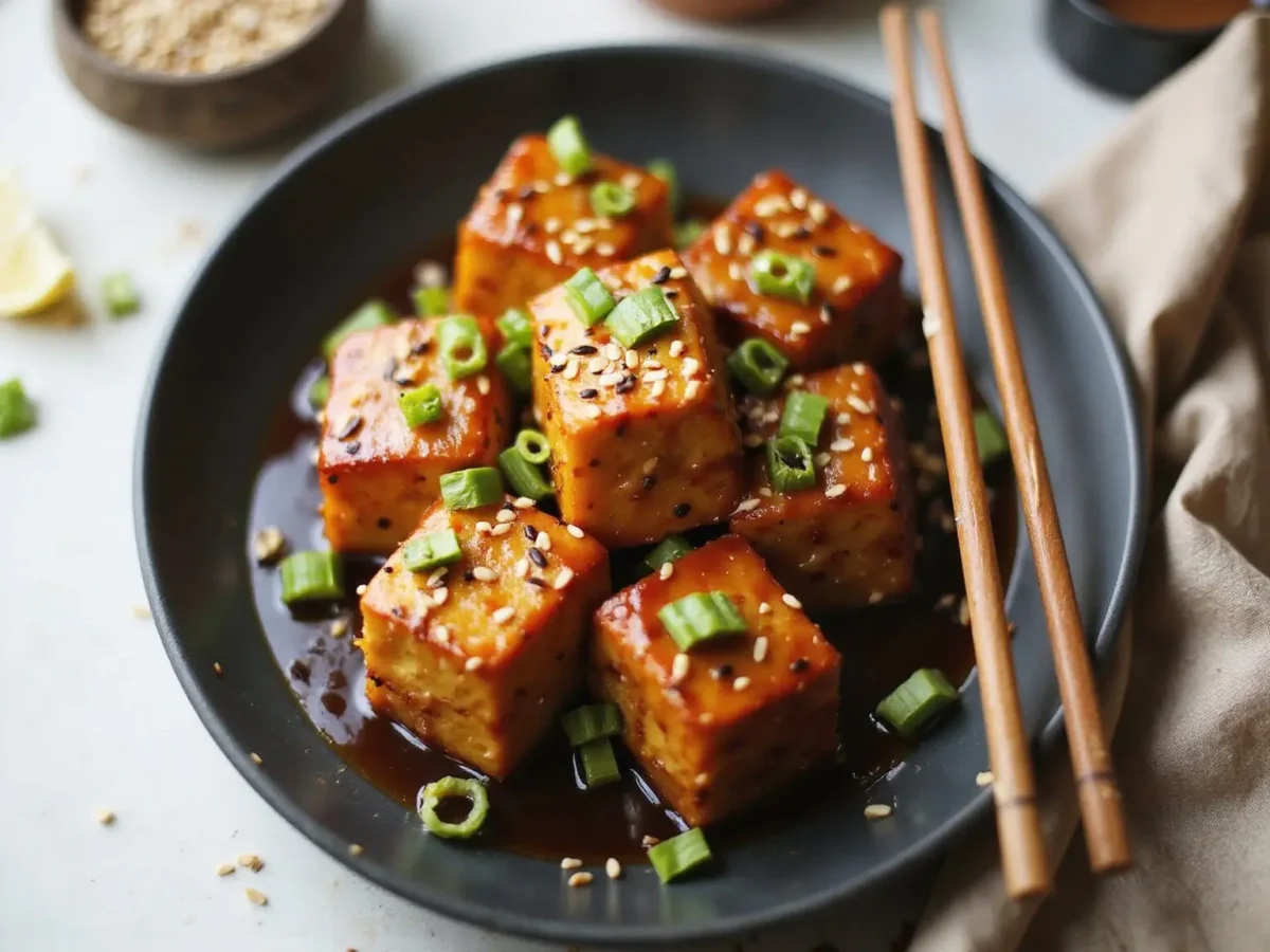 Plate of Marry Me Tofu featuring golden-brown tofu cubes coated in a savory, sticky sauce, garnished with sesame seeds and chopped green onions, served with chopsticks.