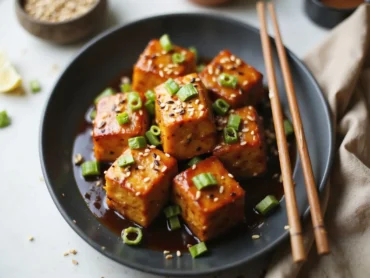 Plate of Marry Me Tofu featuring golden-brown tofu cubes coated in a savory, sticky sauce, garnished with sesame seeds and chopped green onions, served with chopsticks.