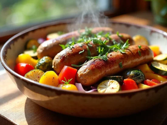 Roasted veggie sausage bowl featuring golden-brown plant-based sausages served over a medley of colorful roasted vegetables including zucchini, Brussels sprouts, tomatoes, and bell peppers, garnished with fresh herbs.