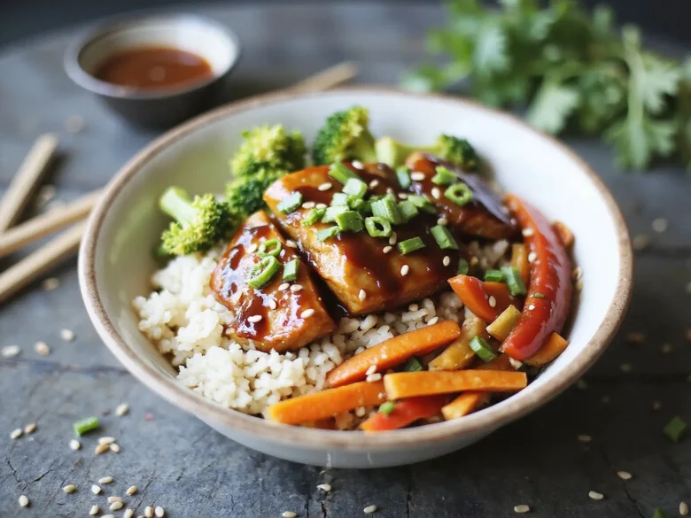 Vegan teriyaki tofu rice bowl with steamed broccoli, carrots, bell peppers, and sesame seeds topped with chopped green onions.
