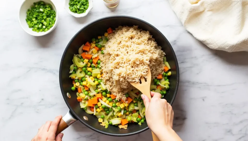 Adding cooked rice into sautéed vegetables to make fried rice.
