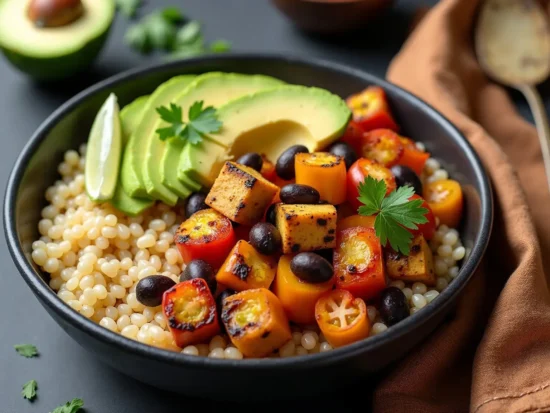 Vegan fajita bowl with couscous, grilled tofu, black beans, cherry tomatoes, avocado, and lime wedges in a black bowl.