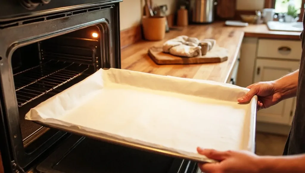 Preparing to bake with a parchment-lined baking tray being placed into a preheated oven in a cozy home kitchen.