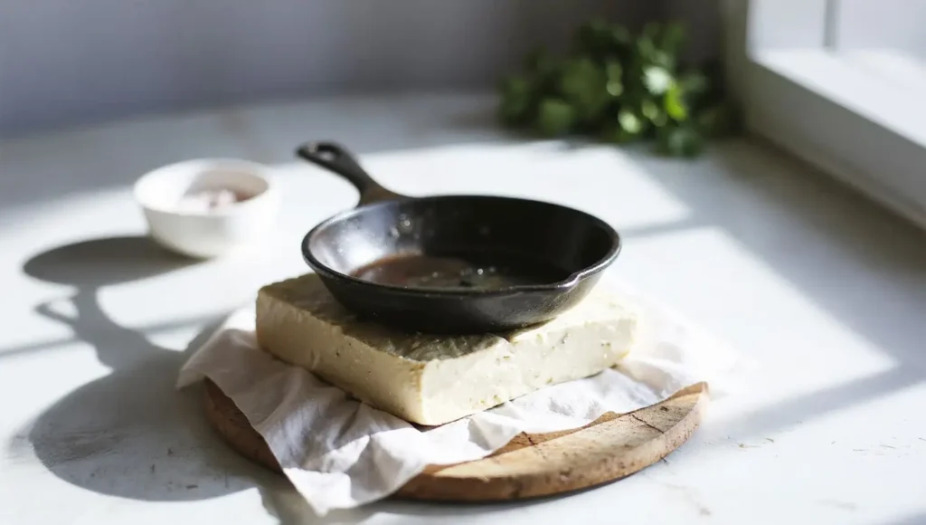 Pressing tofu block under a cast iron skillet on a wooden board to remove moisture before cooking.