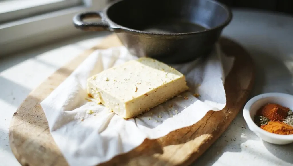 Block of tofu on parchment paper beside a cast iron skillet and small bowl of spices, ready to be seasoned for a vegan taco or tofu scramble.