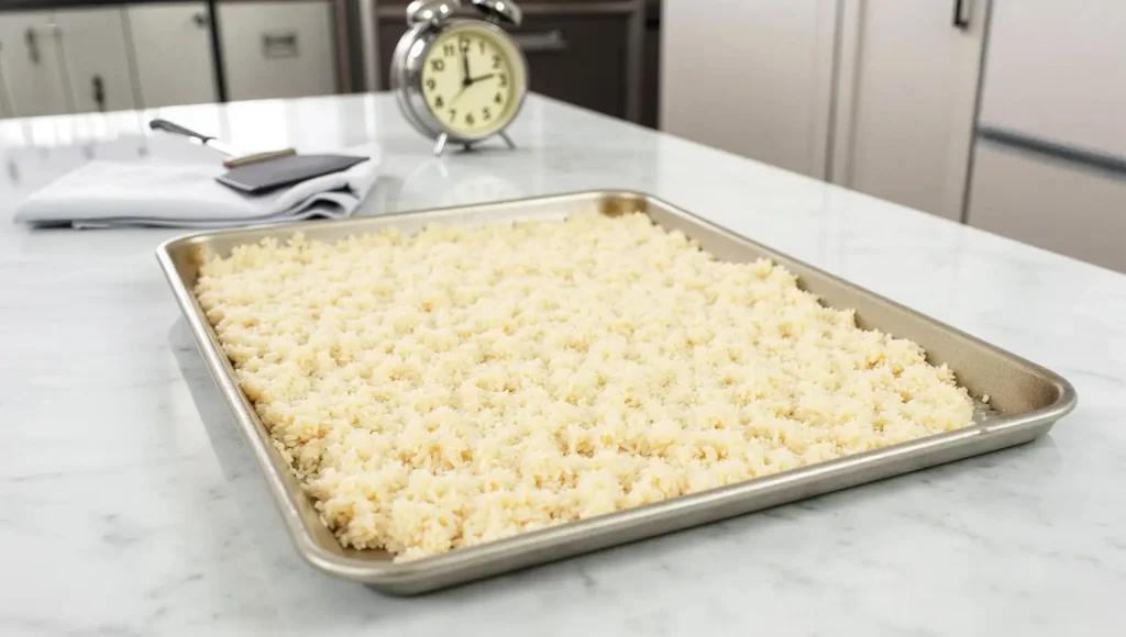 Cooked rice spread out on a baking sheet to cool for fried rice