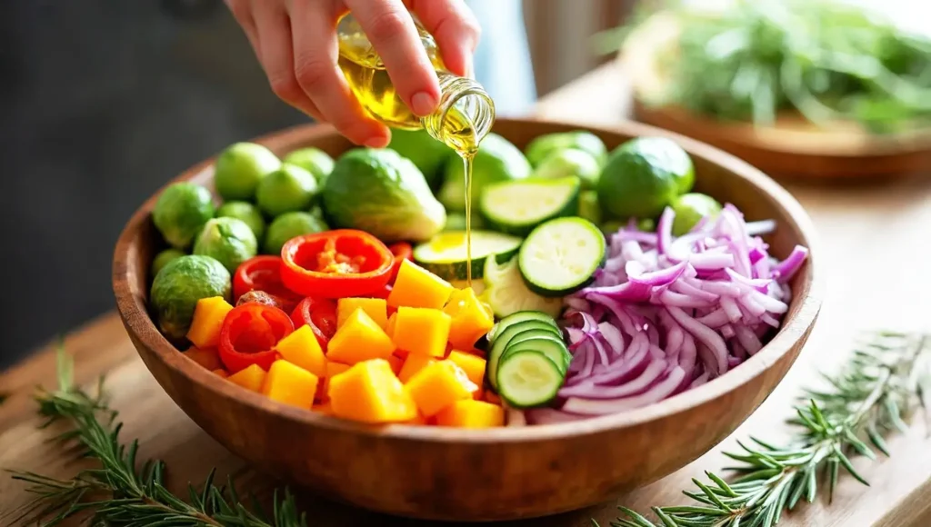 Drizzling olive oil over a vibrant bowl of fresh vegetables including Brussels sprouts, bell peppers, zucchini, and red onions.