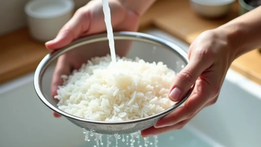 Rinsing white rice under running water in a metal strainer to remove excess starch before cooking.