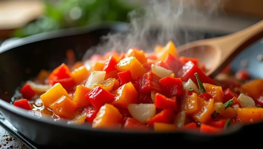 Steaming sautéed bell peppers and onions in a skillet with olive oil and herbs, a flavorful base for vegan tacos or tofu scramble.