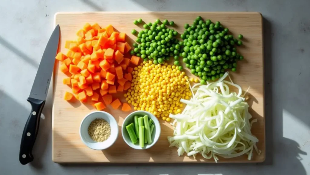 Chopped carrots, peas, corn, cabbage, and seasonings on a cutting board ready for cooking.