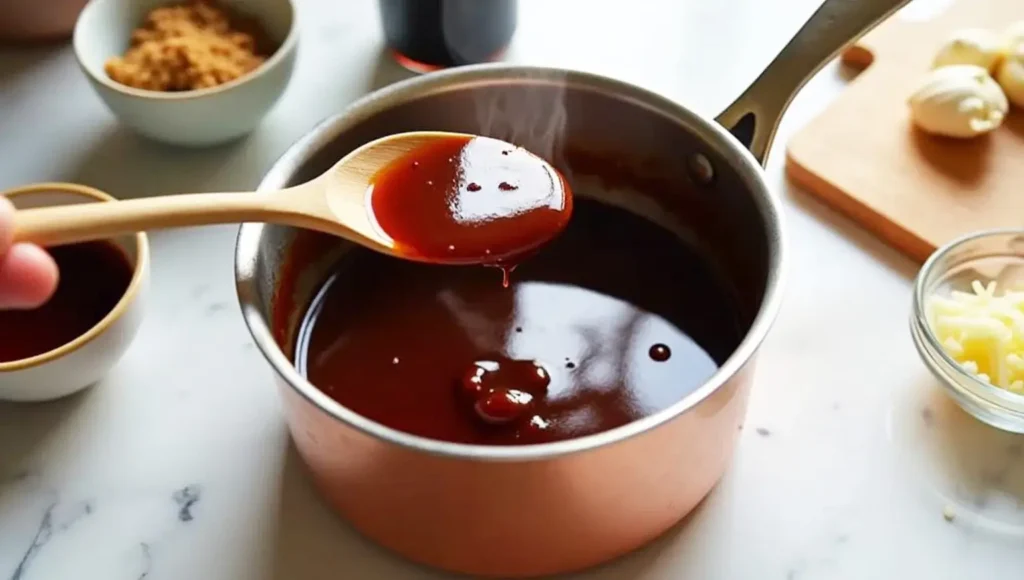 Homemade teriyaki sauce simmering in a saucepan, with a wooden spoon lifting the glossy sauce, surrounded by garlic, ginger, and soy sauce ingredients on a marble countertop.