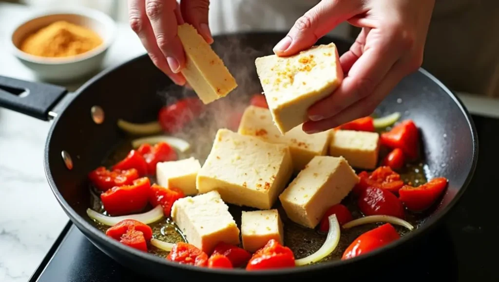 Hands adding cubed tofu to a skillet with sautéed tomatoes and onions, beginning the main cooking stage for vegan tacos or tofu scramble.