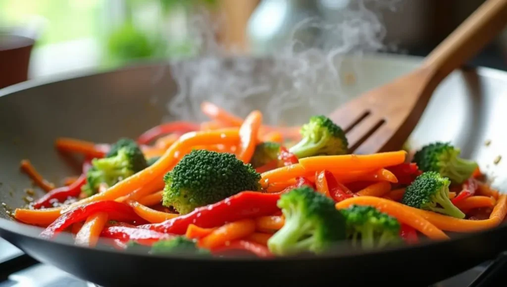 Fresh broccoli, red bell pepper, and carrot strips stir-frying in a hot wok with steam rising and a wooden spatula mixing the vegetables.