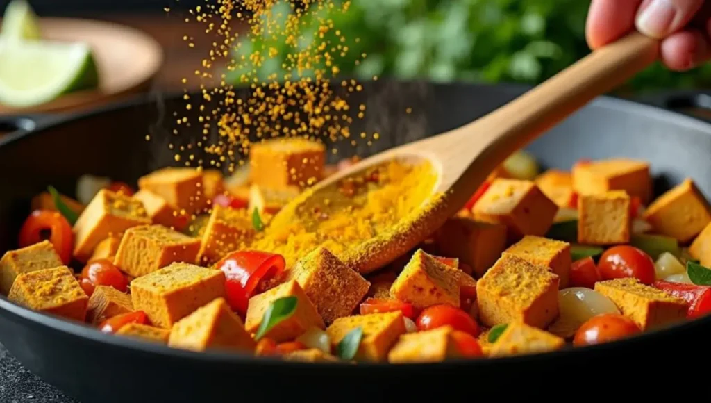 Sprinkling turmeric and spices over cubed tofu, cherry tomatoes, and bell peppers in a skillet while cooking vegan tacos or tofu scramble.