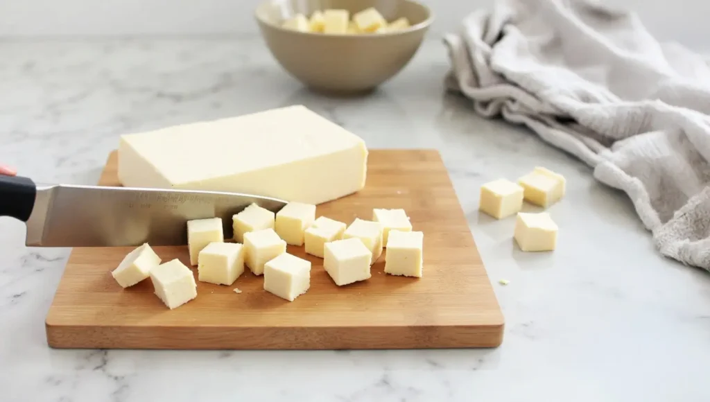 Cutting firm tofu into cubes for frying.