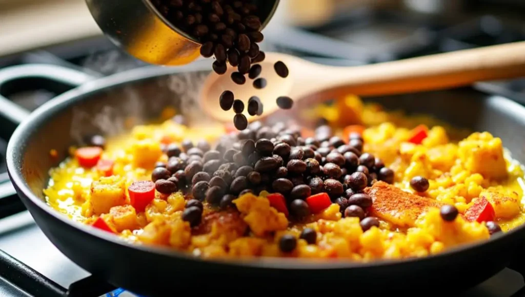 Pouring black beans into a hot skillet with tofu, turmeric, and bell peppers for vegan taco filling or tofu scramble.