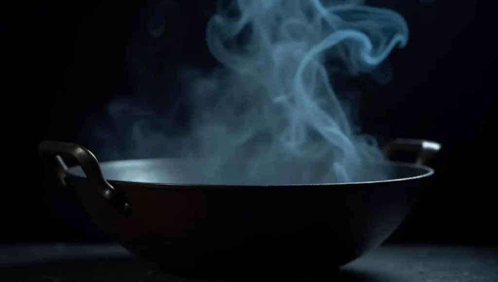 Heating a wok until smoky for authentic stir-frying.